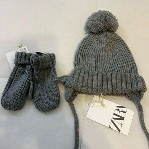 Zara Charcoal Gray Knit hat and Mittens set NWT Size 1-3 years old